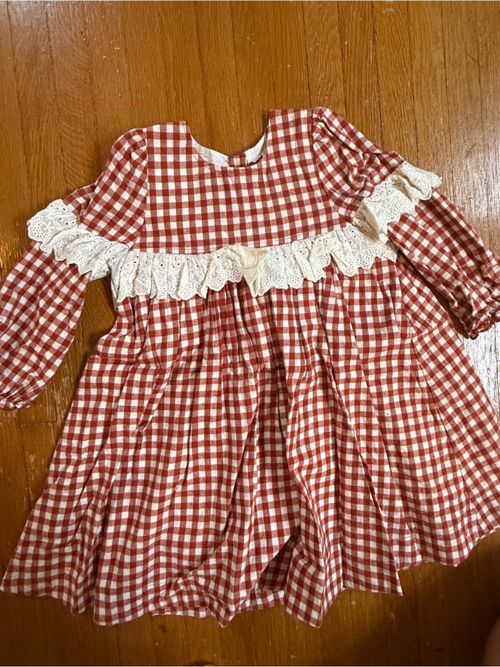 Pink Chicken Red and White Gingham Lace-Trim Kids Dress